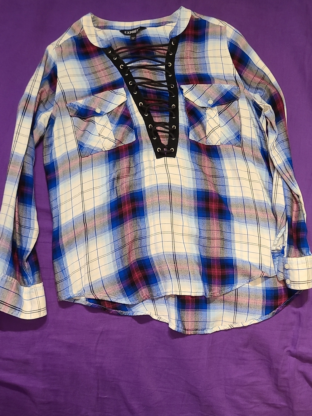 Express Women's Blue White Plaid Lace-Up Button Down Shirt